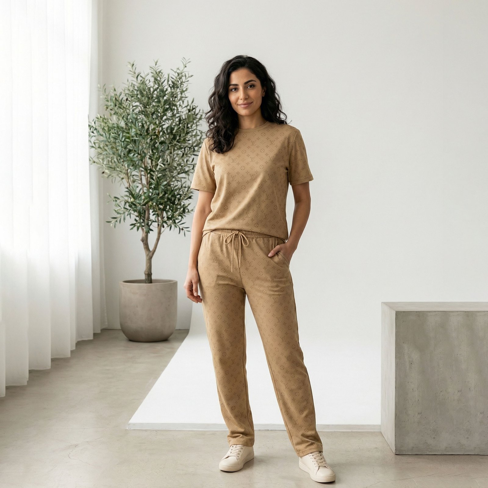 Ladies Casual LV Suit Half Sleeve T-Shirt Style Top with Trousers Comfortable Everyday Wear