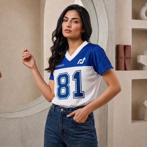 Ladies Blue White Sports Jersey V Neck Athletic Team Shirt Lightweight Top